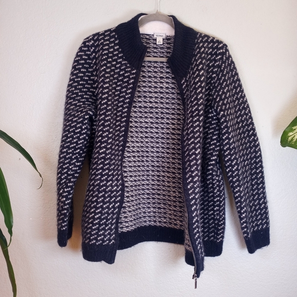LL Bean Wool Classic Navy Blue White Birdseye Knit Zipper Cardigan Sweater L - Picture 2 of 7